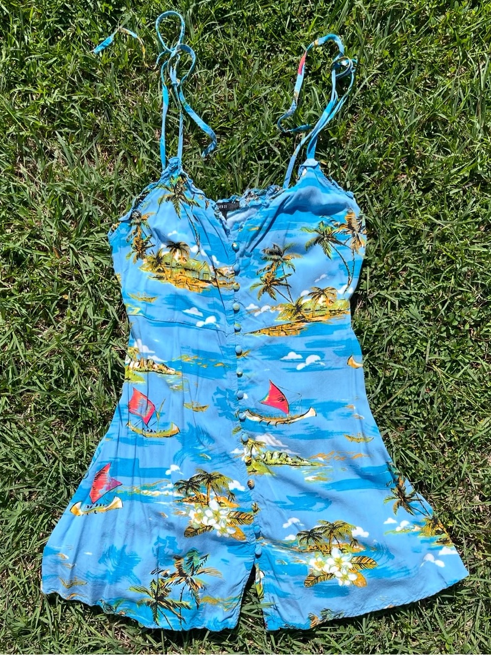 Forever 21 Tropical Blue Button Up Sailboat Beach Dress